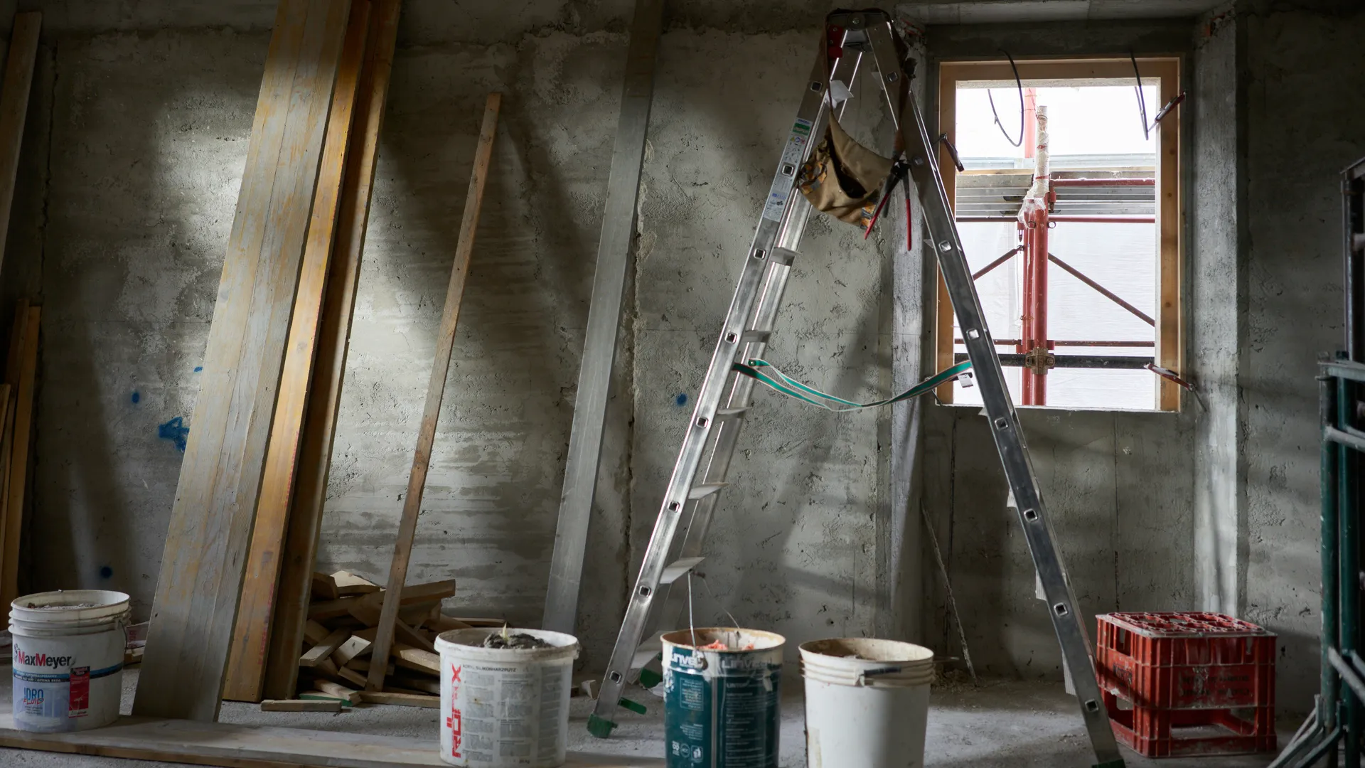 Remodel, construction is process with tools and ladder.